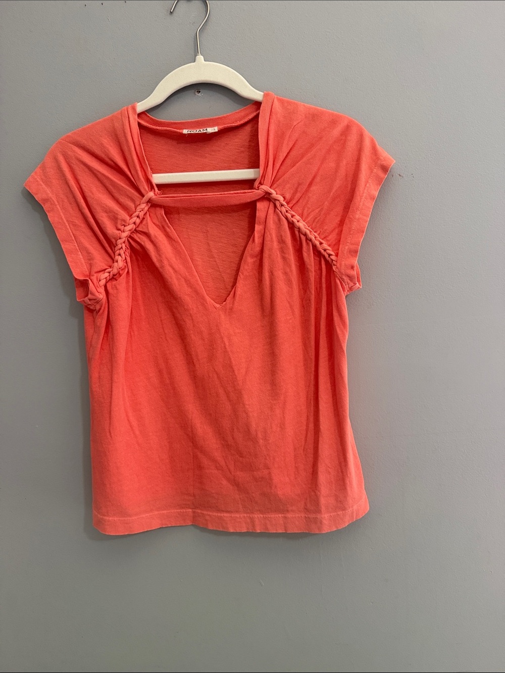 NOAM Contemporary Coral V-Neck Cutout Tee w/ Braided Detail L